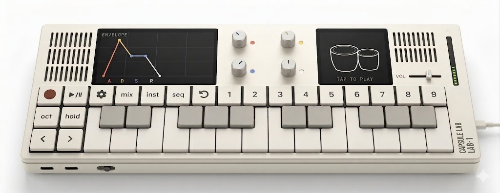 LAB-1 — machined-aluminum portable instrument with two screens and a keyboard.