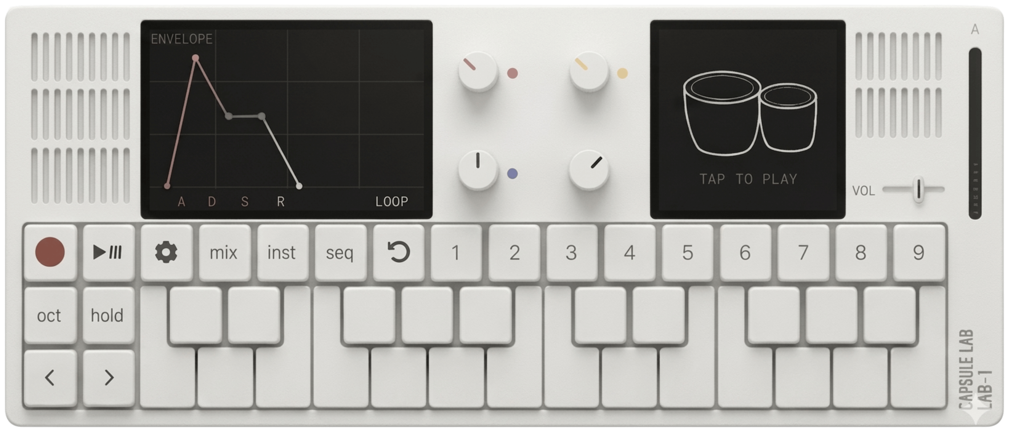 LAB-1 — the Capsule Lab portable instrument: two screens, four knobs, a keyboard, and a detachable module.